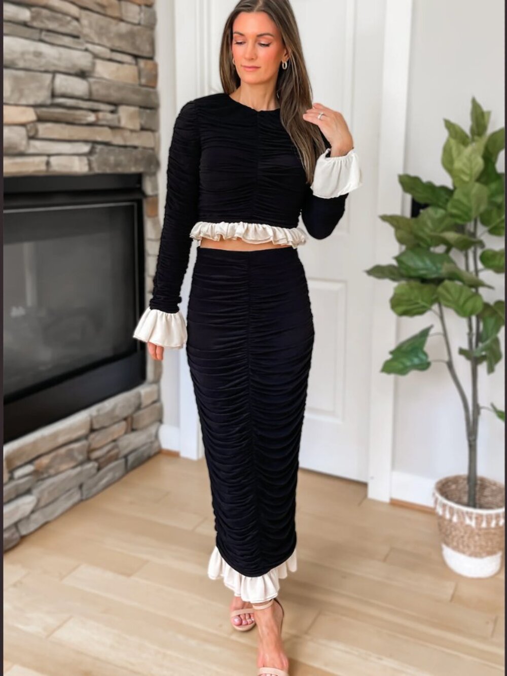 Mable Ruched Two Piece Skirt Set- Black and Cream